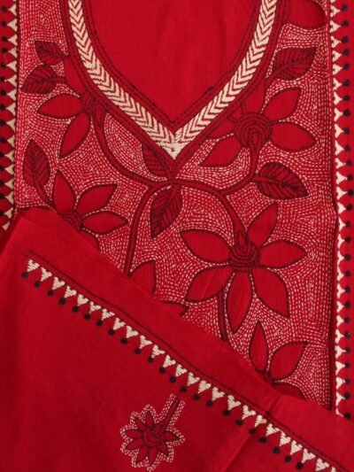 Red-Kantha-handembroidered-cotton-ladies-Kurta-fabric