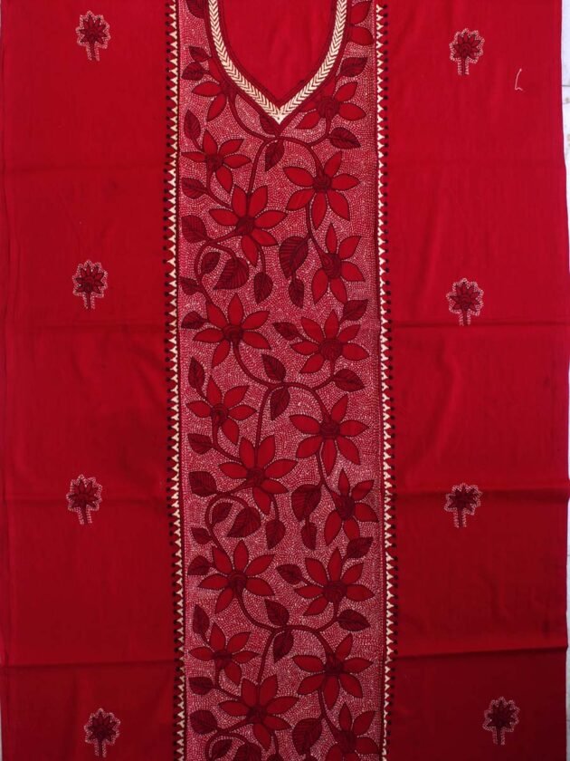 Red-nakshi-Kantha-embroidered-cotton-Kurta-fabric