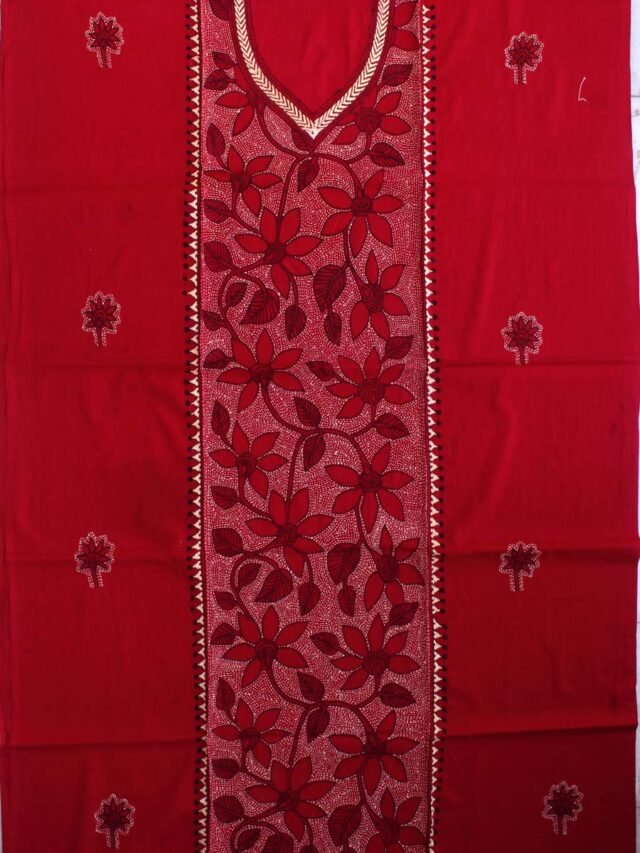 Red-nakshi-Kantha-embroidered-cotton-Kurta-fabric