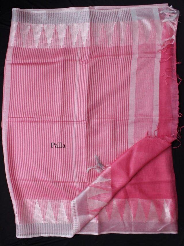 Rose-pink-and-silver-white-Jamdani-Linen-Saree at Shilphaat.com