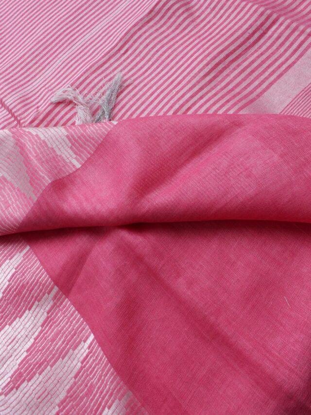 Rose-pink-and-silver-white-Jamdani-pure-Linen-Sari at Shilphaat.com