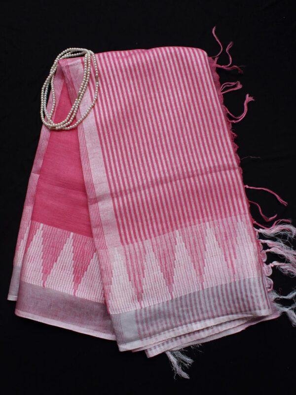 Rose-pink-and-silver-white-pure-linen-sari at Shilphaat.com