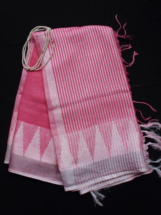 Rose-pink-and-silver-white-pure-linen-sari at Shilphaat.com