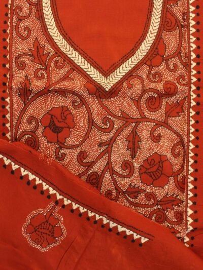 Rust-Orange-Kantha-handembroidered-cotton-ladies-Kurta-fabric