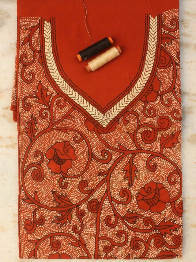 Rust-orange--Kantha-embroidered-cotton-Kurta-fabric