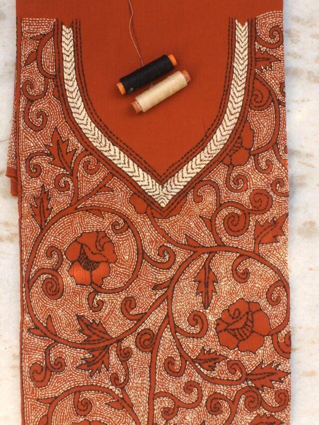 Rust-orange--Kantha-embroidered-ladies-Kurta-fabric at Shilphaat.com