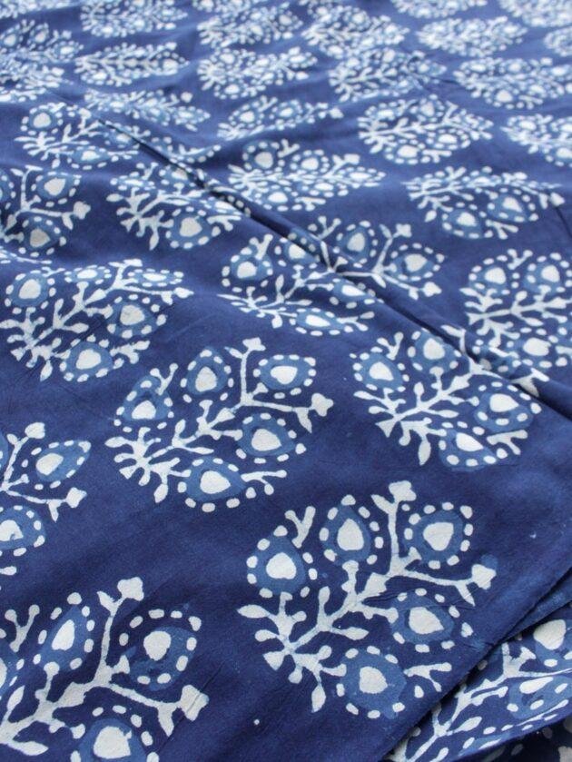 White-and-Indigo-Dabu-bagru-block-printed-mul-cotton-fabric at Shilphaat.com