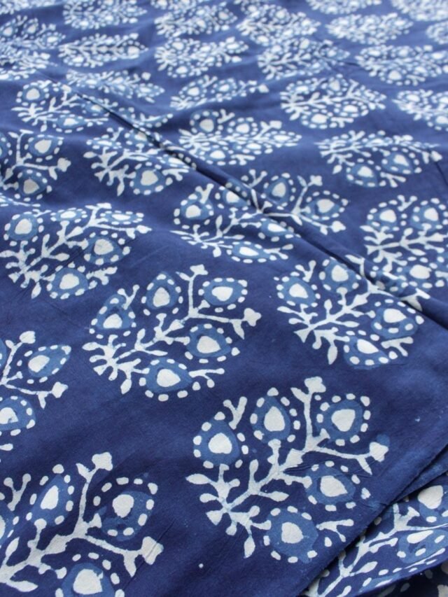 White-and-Indigo-Dabu-bagru-block-printed-mul-cotton-fabric at Shilphaat.com