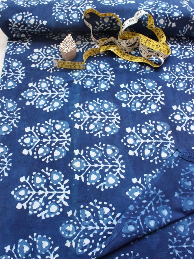 White-and-natural-Indigo-Dabu-bagru-block-printed-mul-cotton-kurta-fabric