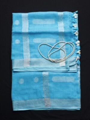 Firozi-Blue-silver-zari-Pure-soft-linen-saree at Shilphaat.com