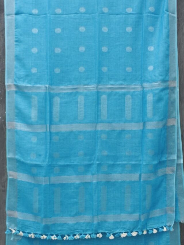 Firozi-Blue-silver-zari-work-Pure-linen-sari- at Shilphaat.com