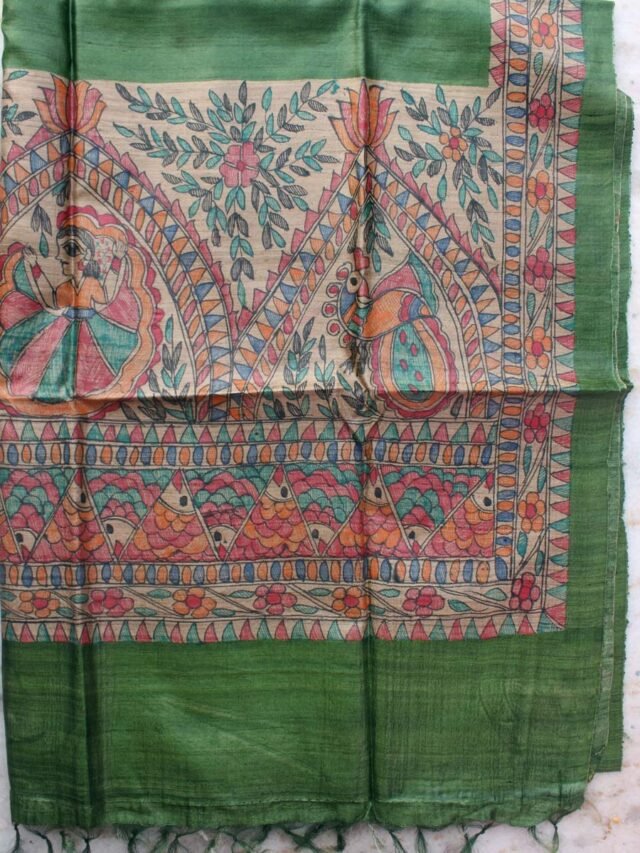 Dark-Green-madhubani-handpainted-bhagalpuri-ghicha-tassar-silk-dupatta