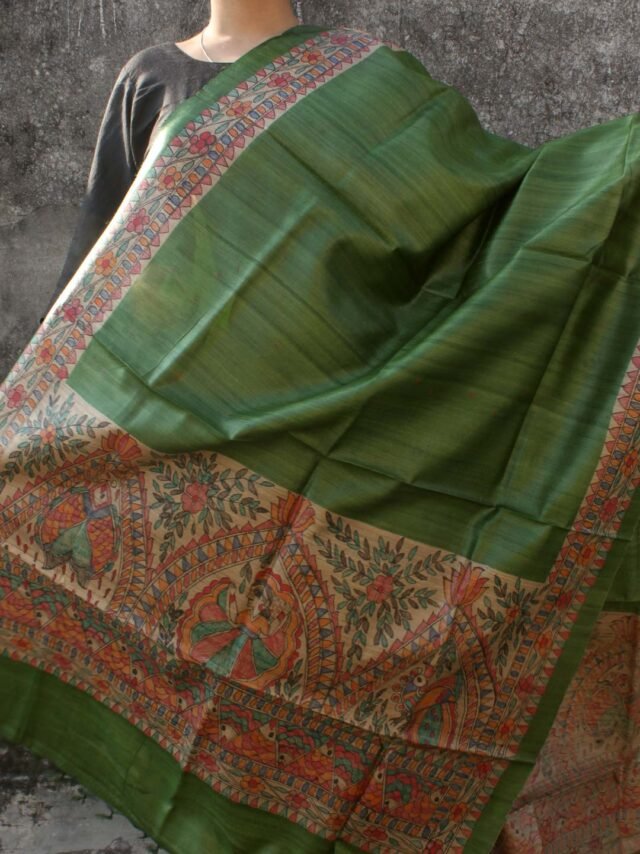 Dark-Green-madhubani-handpainted-ghicha-tussar-silk-dupatta