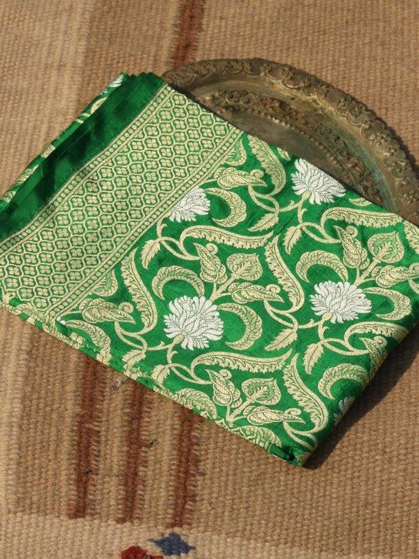 Dark-green-handwoven-banarasi-katan-silk-dupatta at Shilphaat.com