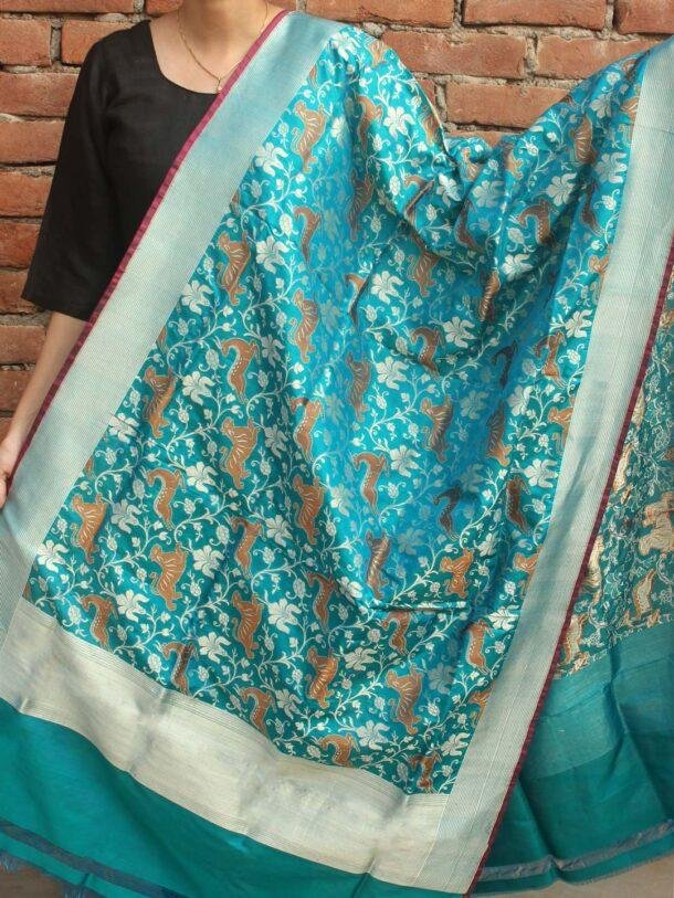 Teal-Blue-shikargrah-katan-silk-banarasi-dupatta at Shilphaat.com