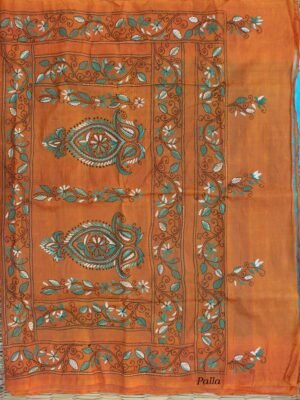 Blue-and-brown--kantha-embroidered-tassar-silk-saree