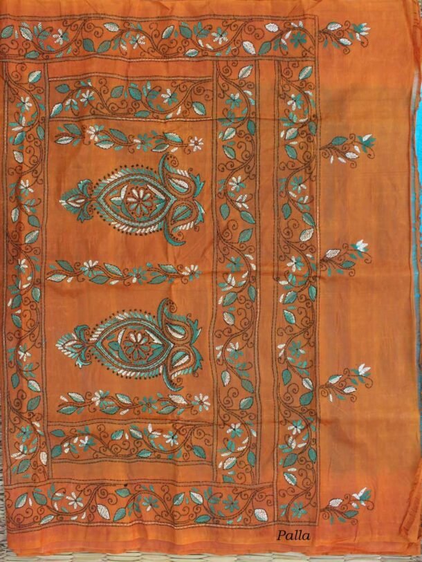 Blue-and-brown--kantha-embroidered-tassar-silk-saree