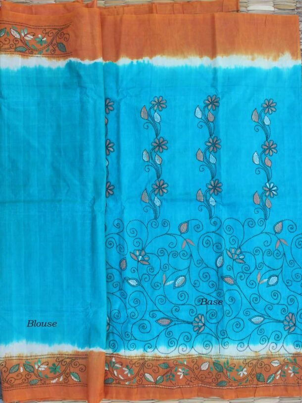 Blue-and-brown--kantha-embroidered-tussar-silk-sari