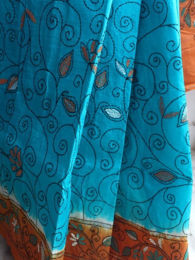 Blue-and-brown--sujini-kantha-embroidered-paper-silk-saree at Shilphaat.com
