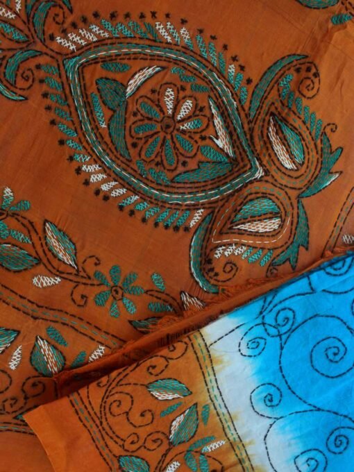Blue-and-orange-kantha-embroidered-tussar-silk-saree