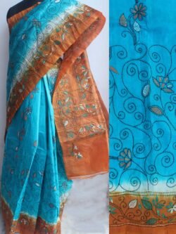 Blue-and-orange-kanthawork-tussar-silk-saree