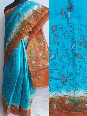 Blue-and-orange-kanthawork-tussar-silk-saree-Shilphaat