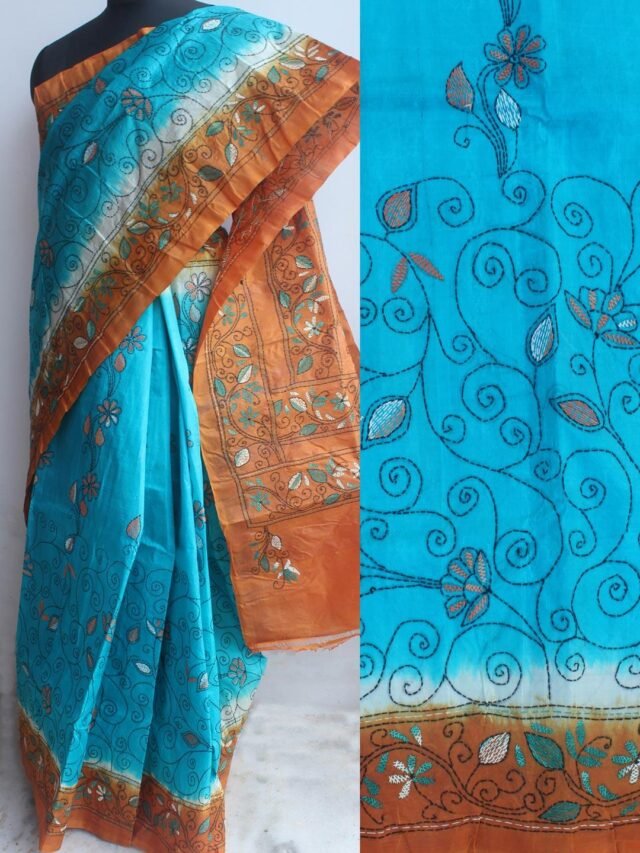 Blue-and-orange-kanthawork-tussar-silk-saree-Shilphaat