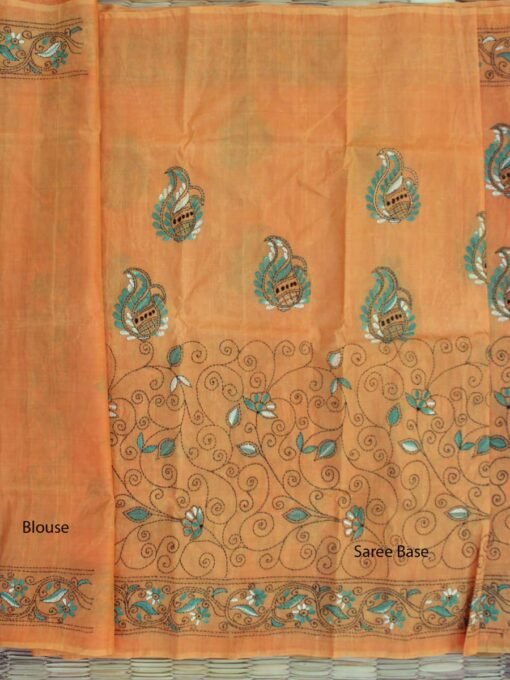 Peach-Orange-kantha-embroidered-tussar-silk-sari