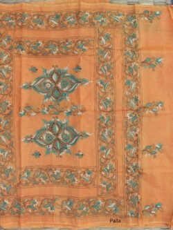 Peach-orange--kantha-embroidered-tassar-silk-saree