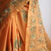 Peach-orange-kantha-embroidered-tussar-silk-saree