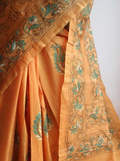 Peach-orange-kantha-embroidered-tussar-silk-saree