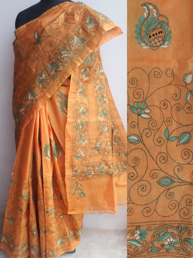 Peach-orange-kanthawork-tussar-silk-saree