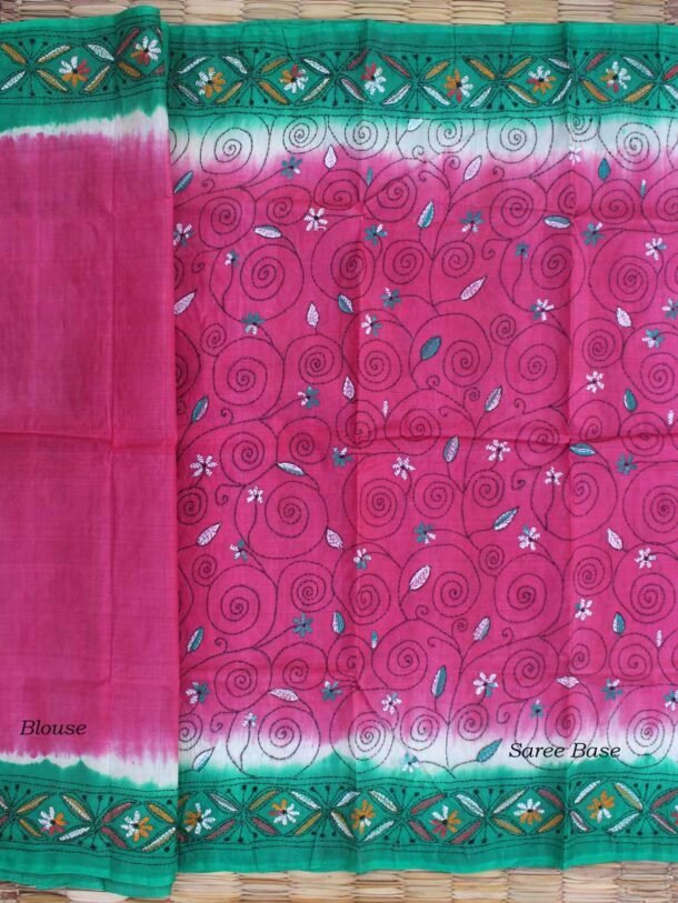 Pink-and-Green-kantha-embroidered-tussar-silk-sari