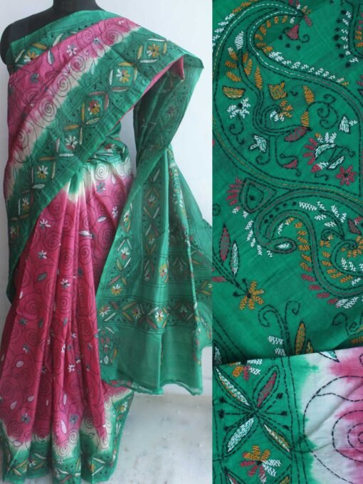 Pink-and-Green-kanthawork-tussar-silk-saree