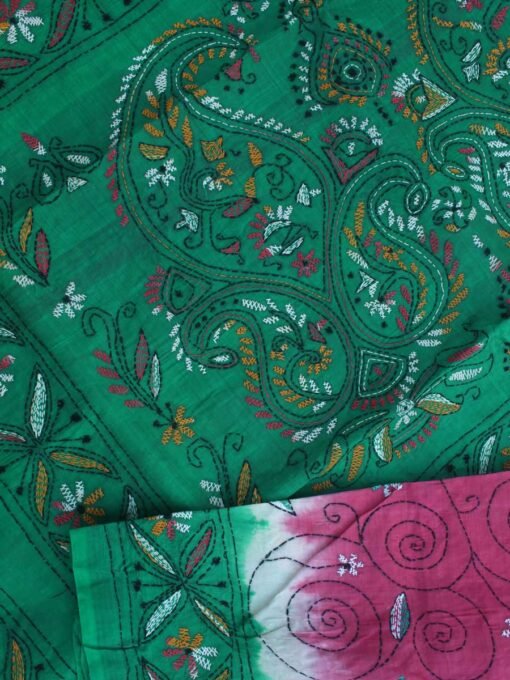 Pink-and-green-kantha-embroidered-tussar-silk-saree