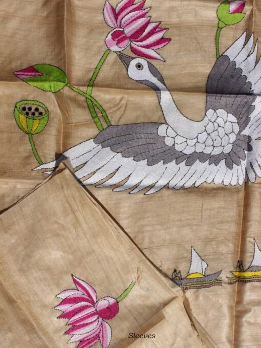 Swan-kanthawork-handembroidered-tasar-silk-kurta-fabric