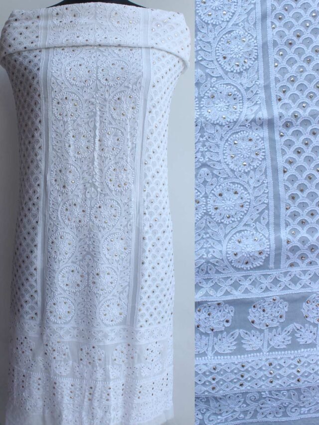White-flowers-viscose-georegtte-chikankari-mukaish-kurta-fabric
