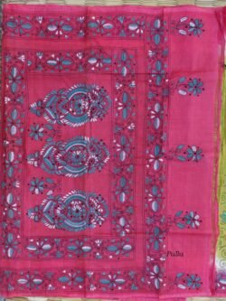 chartreuse-and-Pink-kantha-embroidered-tassar-silk-saree
