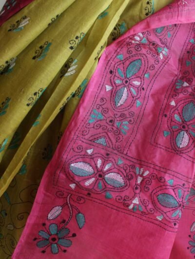 chartreuse-and-Pink-kantha-embroidered-tussar-silk-saree