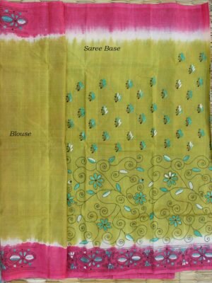 chartreuse-and-Pink--kantha-embroidered-tussar-silk-sari