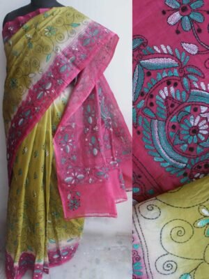 chartreuse-and-Pink-kanthawork-tussar-silk-saree