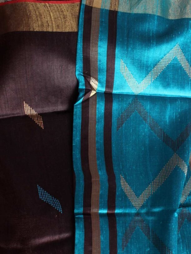 Black-Brown-and-Blue-Mulberry-Dupion-Silk-Sari