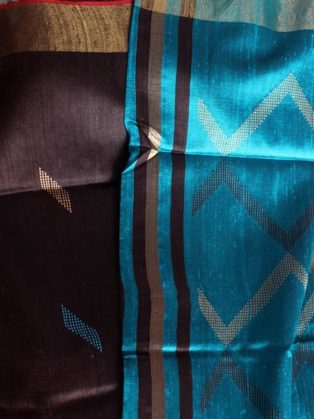 Black-Brown-and-Blue-Mulberry-Dupion-Silk-Sari