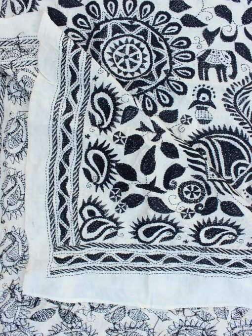 Black-and-white-kantha-embroidered-Tassar-Silk-dupatta