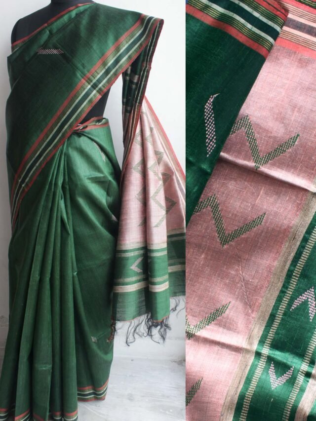 Dark-Green-and-Pink-pure-Mulberry-Dupion-Silk-Sari