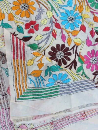 Floral-kantha-embroidered-Tassar-Silk-dupatta