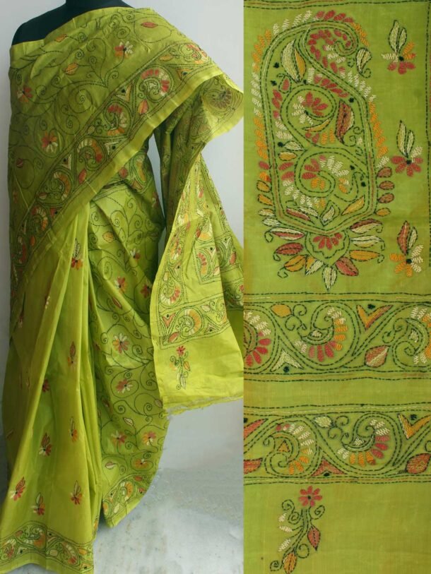 Green-Kanthawork-tussar-silk-Saree
