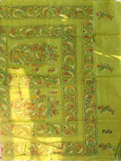Green-kantha-embroidered-tassar-silk-saree