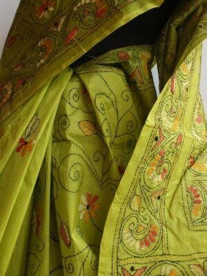 Green-kantha-handembroidered-paper-tasar-silk-sari at Shilphaat.com