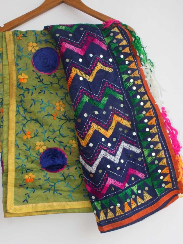 Green-rose-and-Blue-zig-zag-phulkari-dupatta